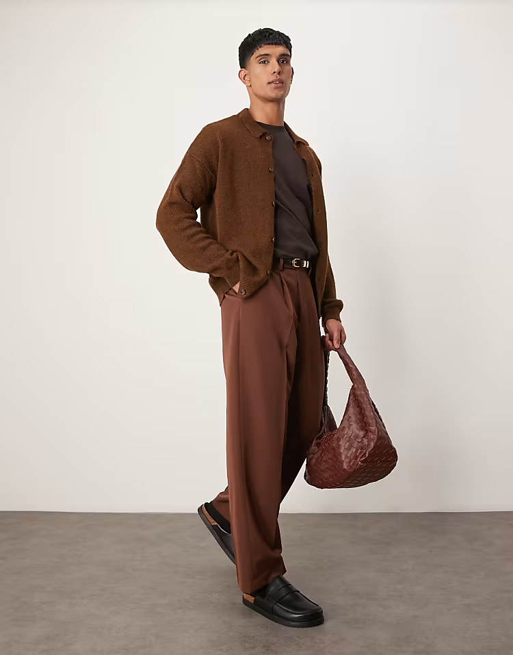 Brown Pleated Wide Leg Trousers