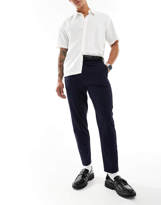 Navy Slim Tailored Pleated Trousers