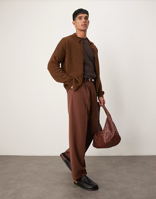 Brown Pleated Wide Leg Trousers