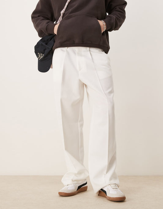 White Pleated Wide Leg Trousers